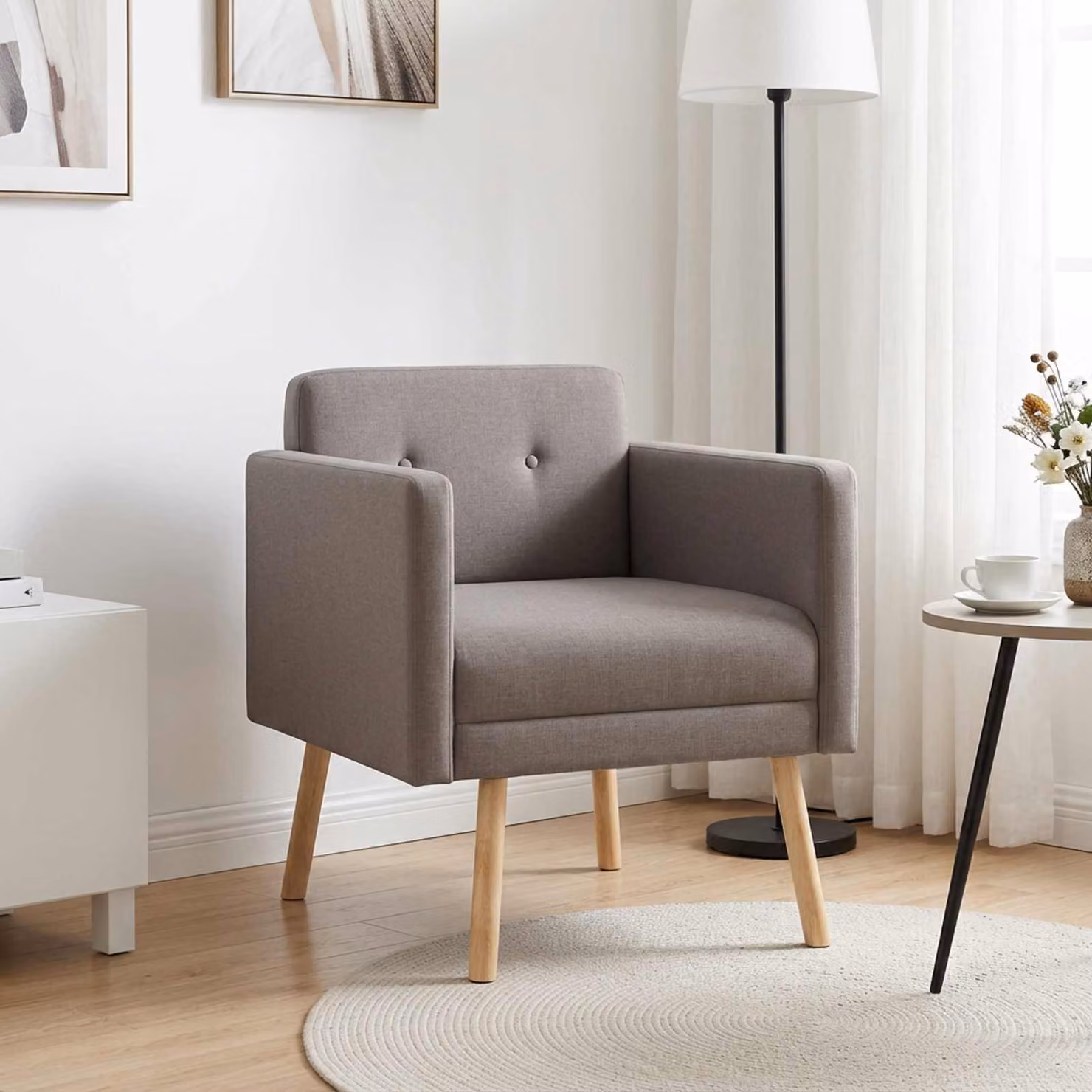 Sedia d'accento moderna vidaXL in tessuto beige e grigio con braccioli e struttura in legno