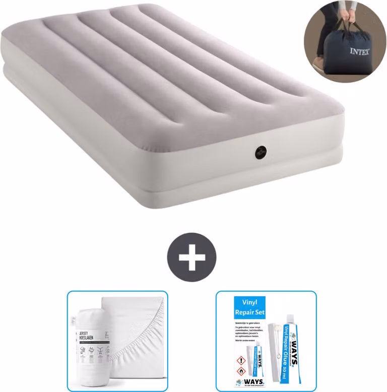 Intex Airbed - 1 persona - 99 x 191 x 30 cm - Grigio - Incluso pompa - lenzuolo e kit di riparazione