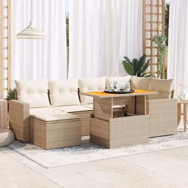 Set Divani da Giardino 7 pz con Cuscini Beige in Polyrattan 3327061