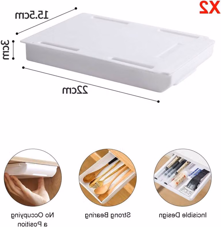 Contenitore nascosto da posizionare sotto la scrivania - Organizer adesivo per cassetti, ideale per la casa e il tavolino da trucco - Set di 2, dimensioni 22x15,5x3 cm