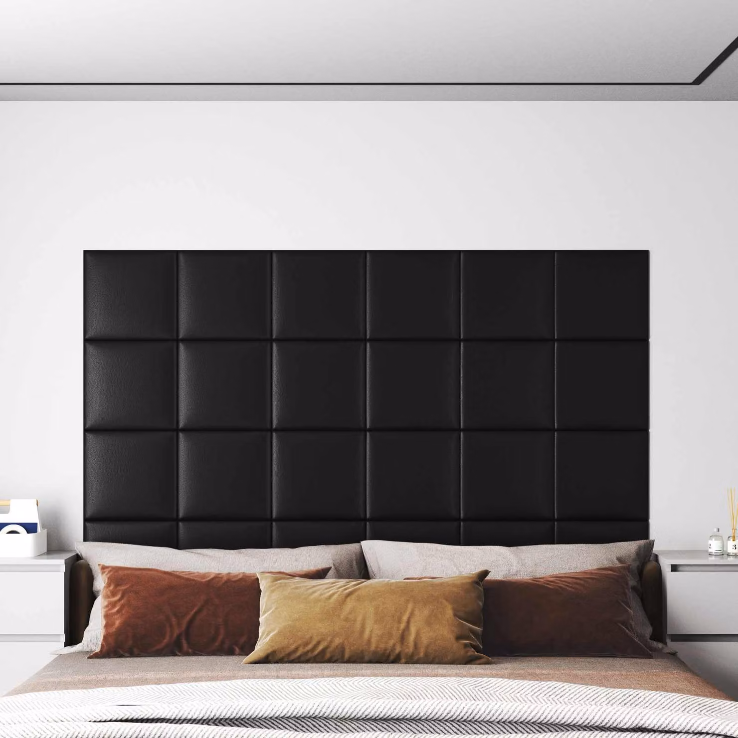 Set di 12 pannelli per testiera da parete vidaXL in tessuto nero, design moderno e imbottito, L/P/H: 30 x 30 x 3,75 cm