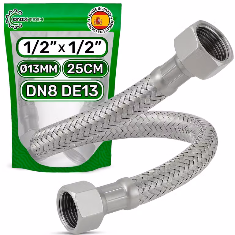 Tubo in acciaio inossidabile, lunghezza 25 cm, diametro 13 mm, filettatura interna 1/2" x filettatura interna 1/2"