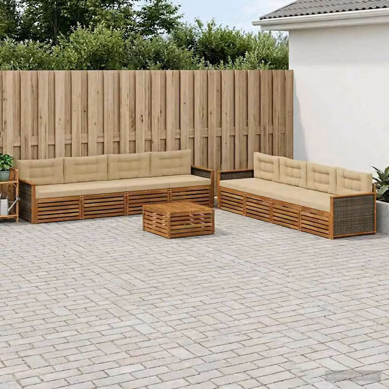 vidaXL Set di divani da esterno a forma di U composto da 9 pezzi in legno di acacia con cuscini, colore beige e marrone