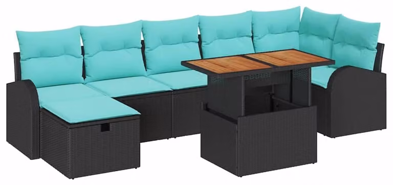 Set da giardino composto da 8 pezzi, colore nero, realizzato in rattan sintetico