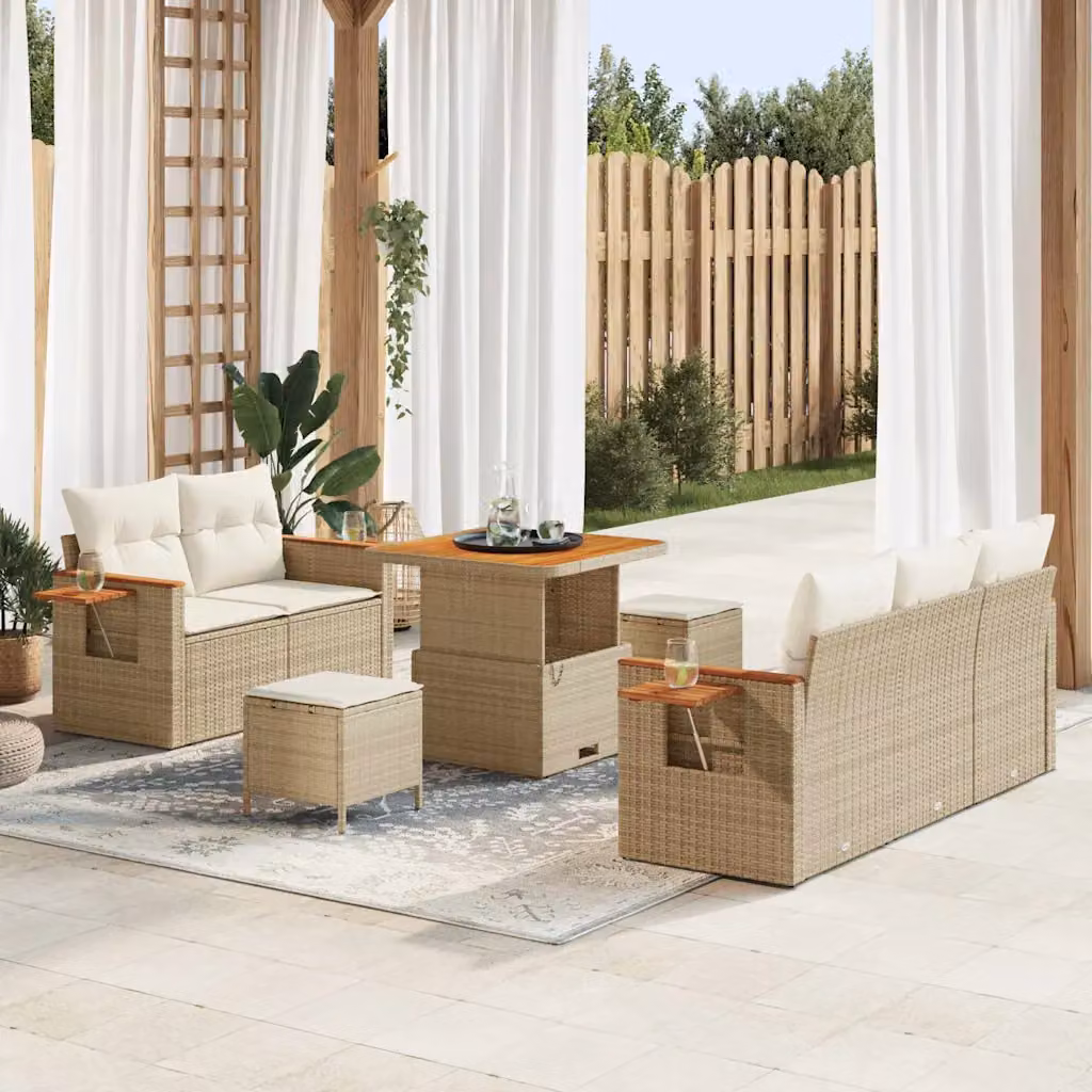 Set Divano da Giardino vidaXL 10 Pezzi Beige con Cuscini e Tavolino da Esterno per 7 Persone – 1