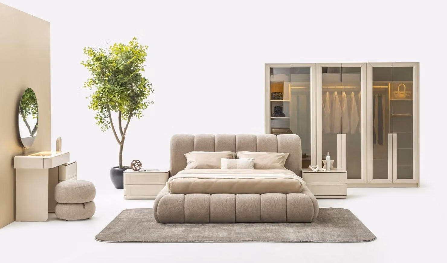 Schlafzimmer Bett 2х Nachttische Schminktisch Spiegel Hocker Kleiderschrank