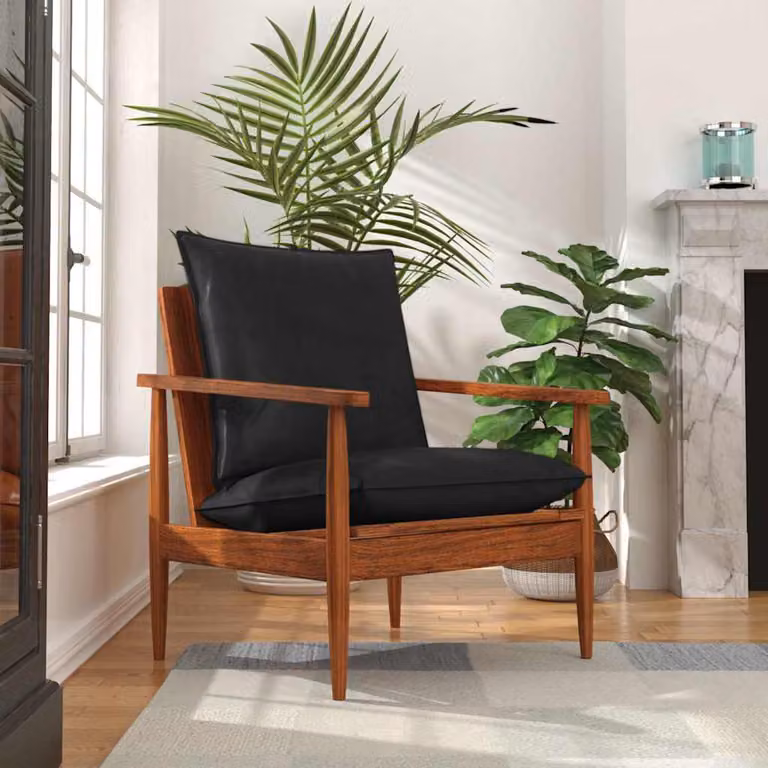 Poltrona moderna vidaXL in vera pelle nera con struttura in legno massello di acacia