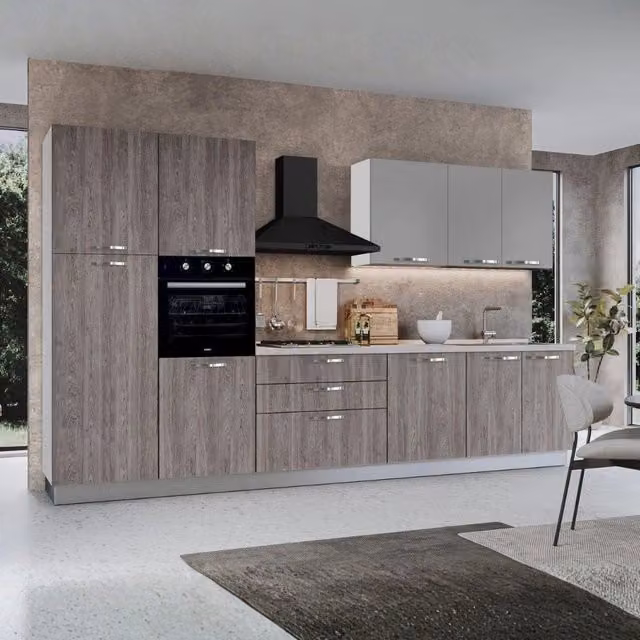 Cucina moderna Veriaffari Iris con elettrodomestici da incasso, colore grigio e bianco, larghezza: 360 cm – 1
