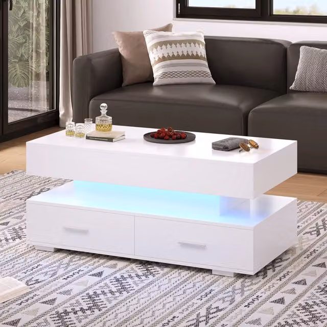 Tavolino da salotto idraulico regolabile in altezza - Zephmum- 100x50x44 cm - Bianco - LED, controllo Bluetooth, 2 cassetti