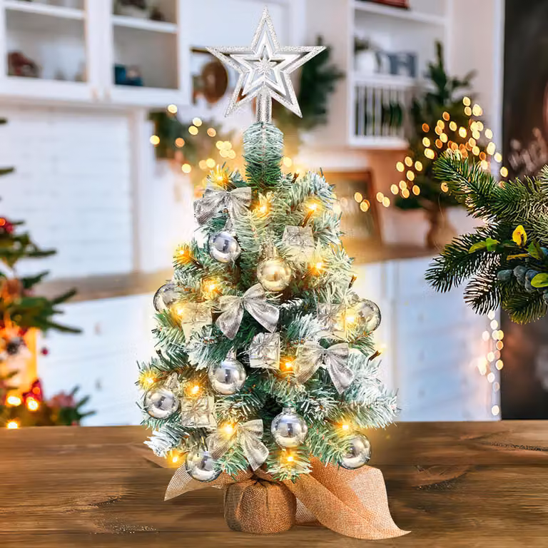 Jopassy Mini Albero di Natale Artificiale Albero di Natale con Palla di Natale, Piccolo Fiocco e Luci LED 40cm