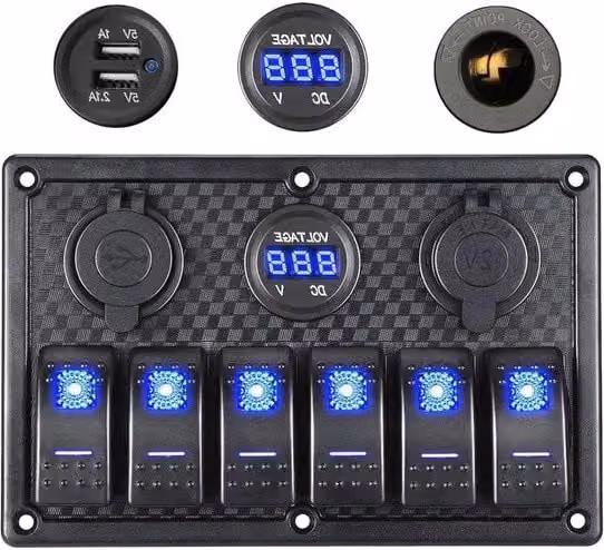 Pannello a 6 vie con schermo digitale per monitoraggio tensione e prese USB dual 5V - 12V/24V in versione nero e blu