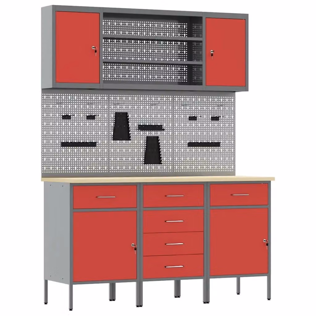 Mobile da lavoro con cassetto vidaXL 7 pz Rosso e Grigio L/P/H: 150 x 55 x 85 cm – 2