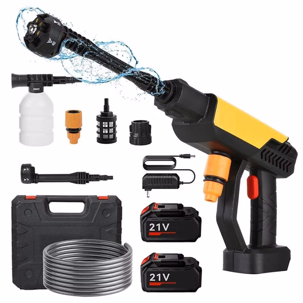 Idropulitrice senza fili - 21V, 70 bar, con pistola a pressione - ugello 6-in-1 - con tubo flessibile - 2 batterie - spina EU