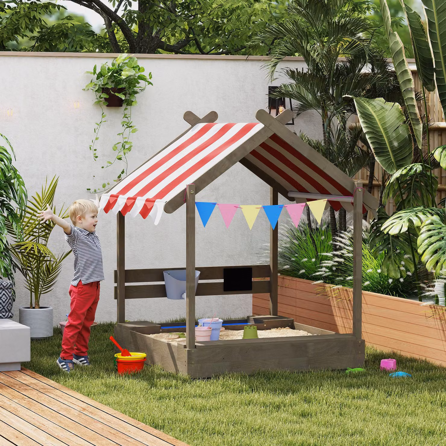 Sabbiera Outsunny con tettuccio e set di giochi in legno massello grigio L: 124 cm, P: 116 cm, H: 146 cm – 2