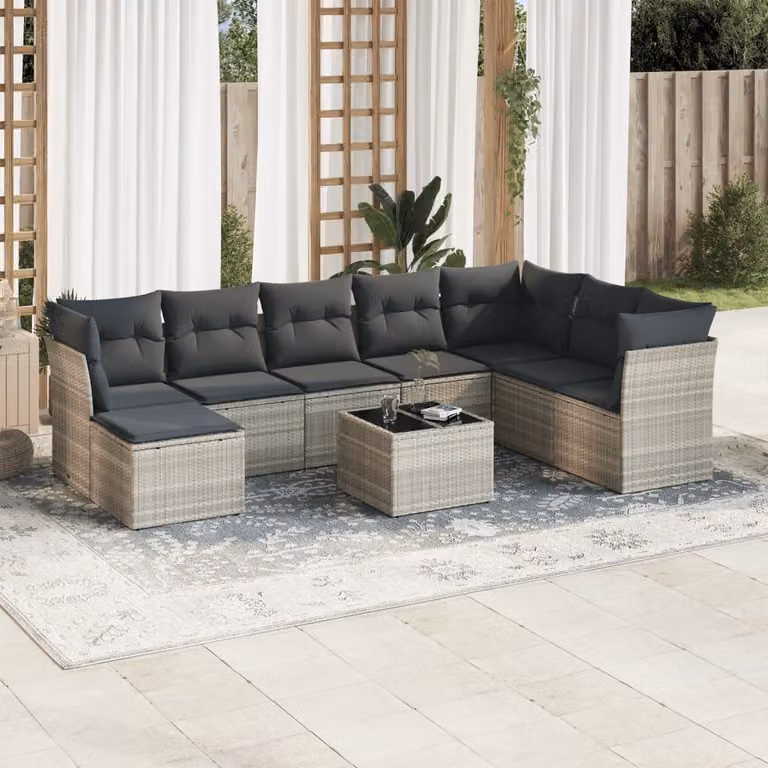 Set Divano da Giardino vidaXL 9 Pezzi in Polyrattan Grigio Chiaro con Cuscini e Tavolino