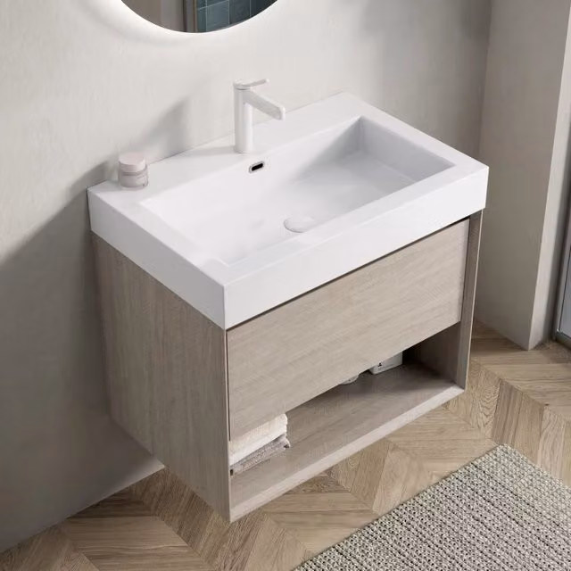 Mobile bagno sospeso 70 cm con lavabo rettangolare in resina bianca e struttura in compensato effetto quercia chiara