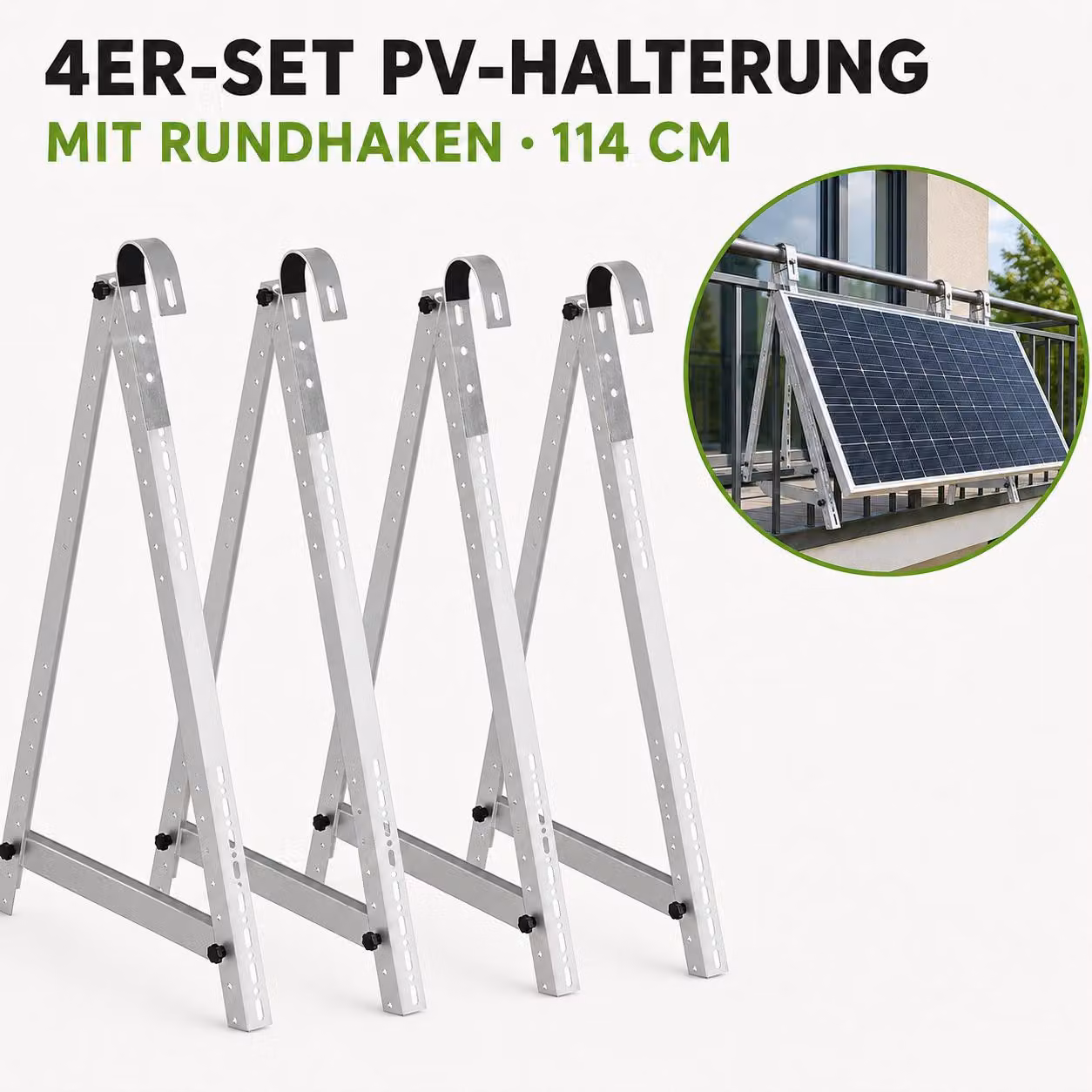 Kit di 4 supporti per impianti fotovoltaici da balcone, altezza 114 cm, regolabili da 0° a 90°, supporto per pannelli solari fotovoltaici con gancio circolare per ringhiere di balcone, IVA 0%.