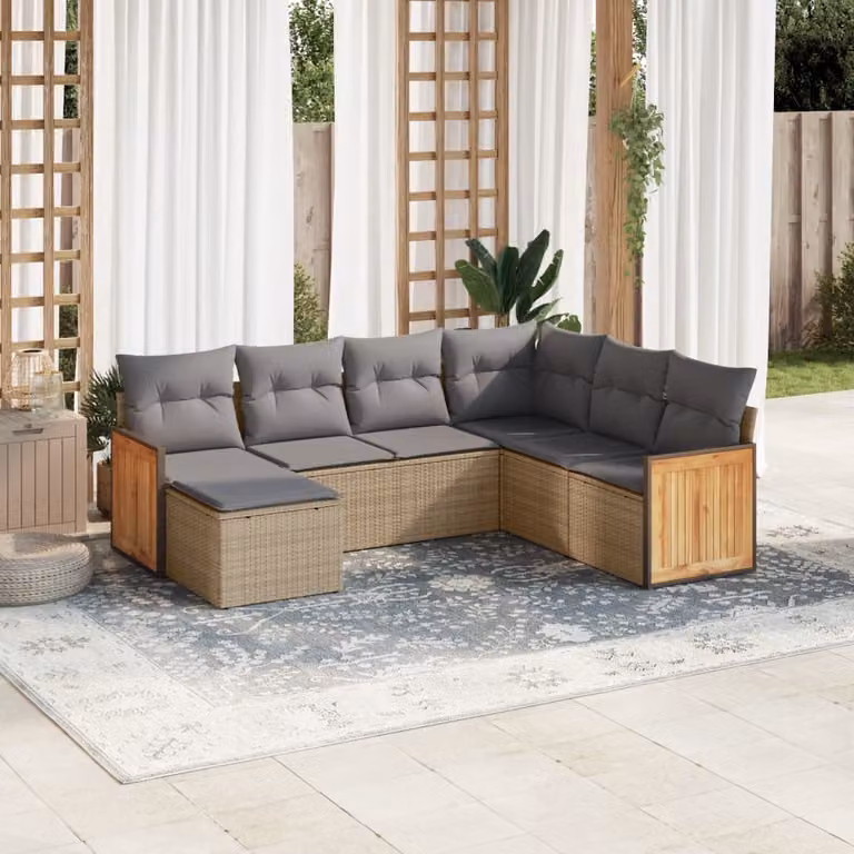 vidaXL Set Divani da Giardino 7 pz a Forma a L con Cuscini Beige e Grigio in Polyrattan e Struttura in Acciaio Verniciato a Polvere