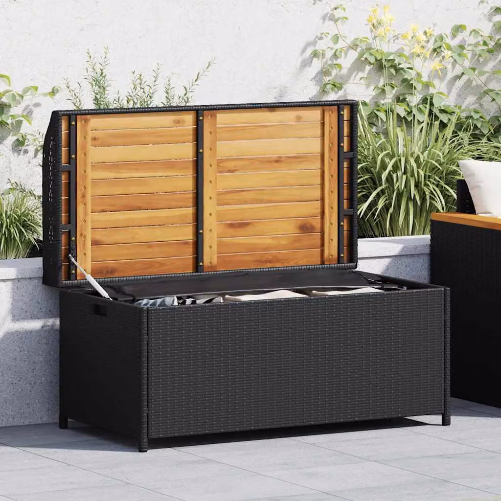 vidaXL Panca Portaoggetti Moderna in Polyrattan e Legno di Acacia, Colore Nero e Marrone, L: 100 cm, P: 50 cm, H: 52 cm