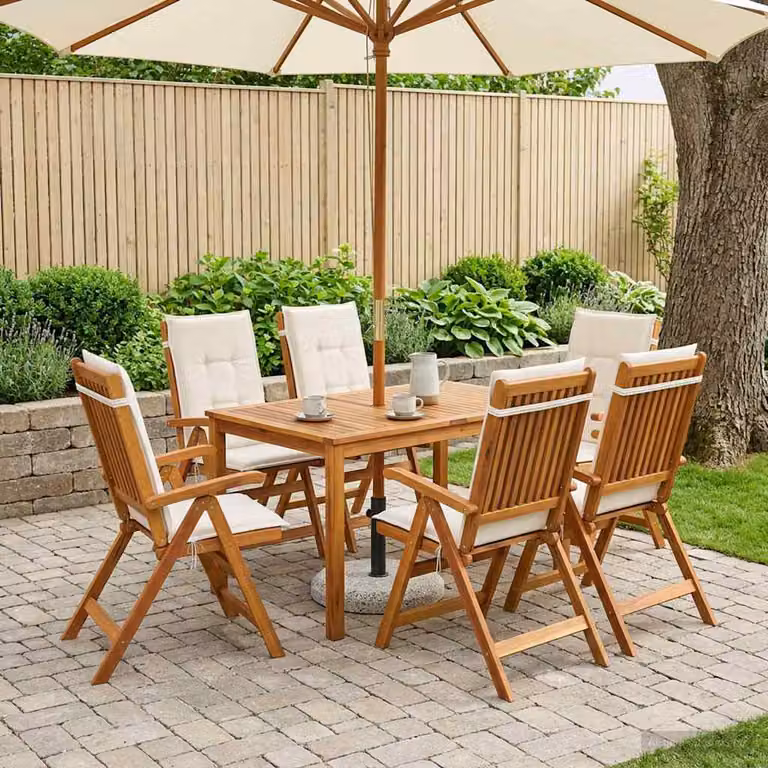 Set da pranzo da giardino vidaXL in legno di acacia 7 pezzi per 6 persone, colore beige e marrone, L: 140 cm, P: 80 cm, H: 75 cm