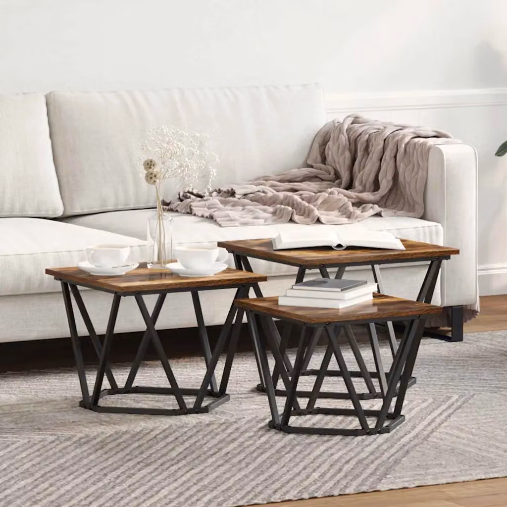 Set di 3 tavolini da salotto moderni vidaXL in rovere e metallo marrone, L/P/H: 50 x 50 x 40 cm