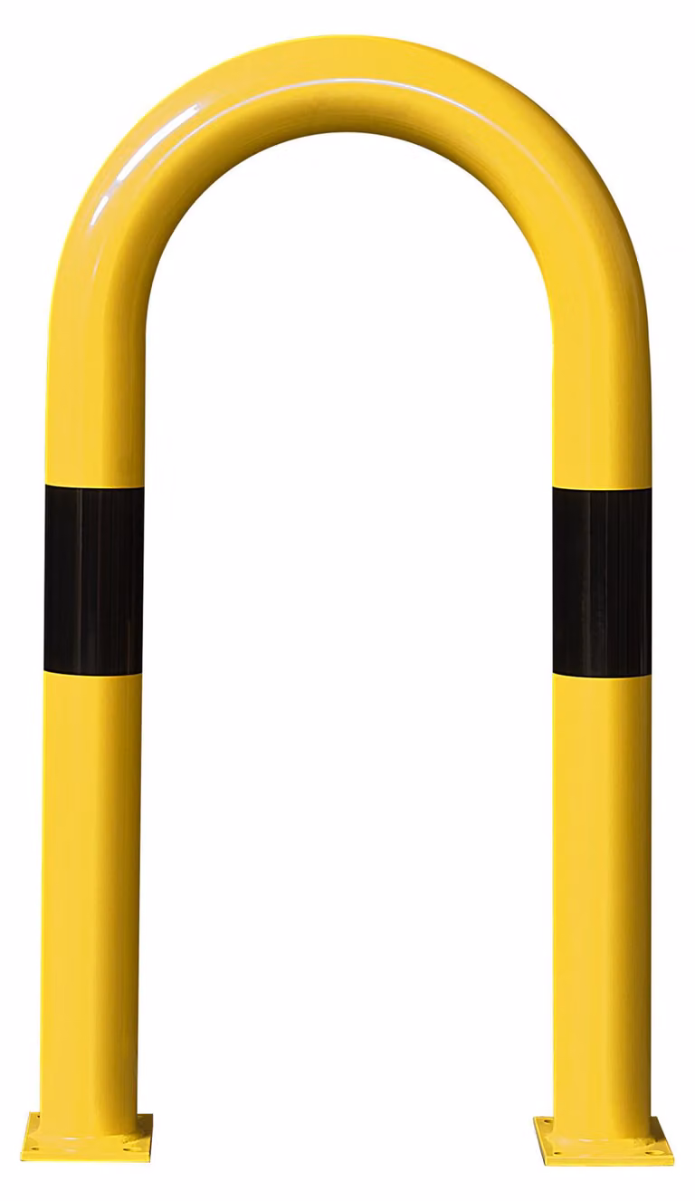 Barra di protezione XL, tubo tondo 108/3,6 mm, curvata, LxA 650x1200 mm, per interni, rivestita in giallo, con strisce nere, da fissare con tasselli
