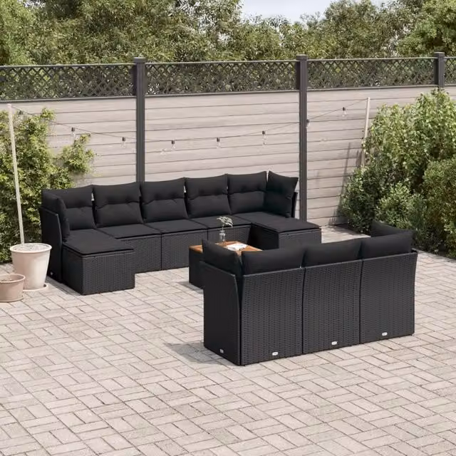 Set Divani da Giardino 11 pz con Cuscini in Polyrattan Nero 3223878