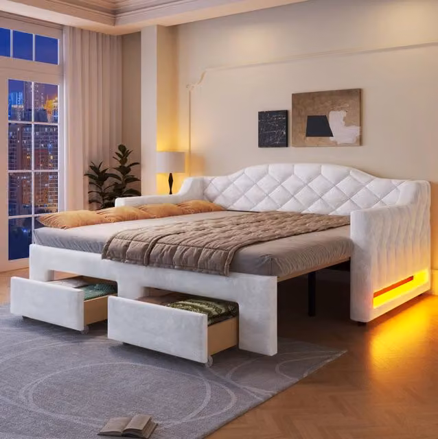 Divano letto estensibile MODFU imbottito con cassetti e illuminazione LED bianco L/P/H: 90 x 200 cm