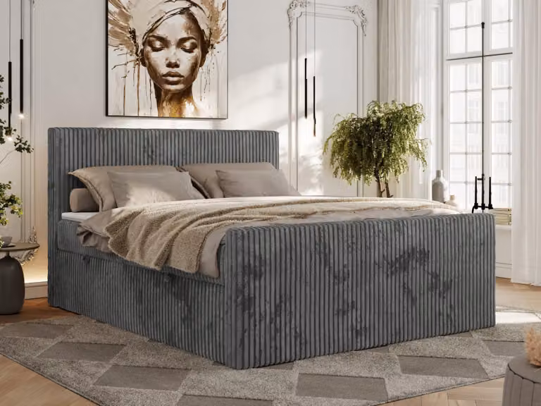 Letto continentale con contenitore per biancheria da letto TILIANO DUO 180x200 Media rigidità H3 - Topper T25, Grigio - tessuto velluto a coste