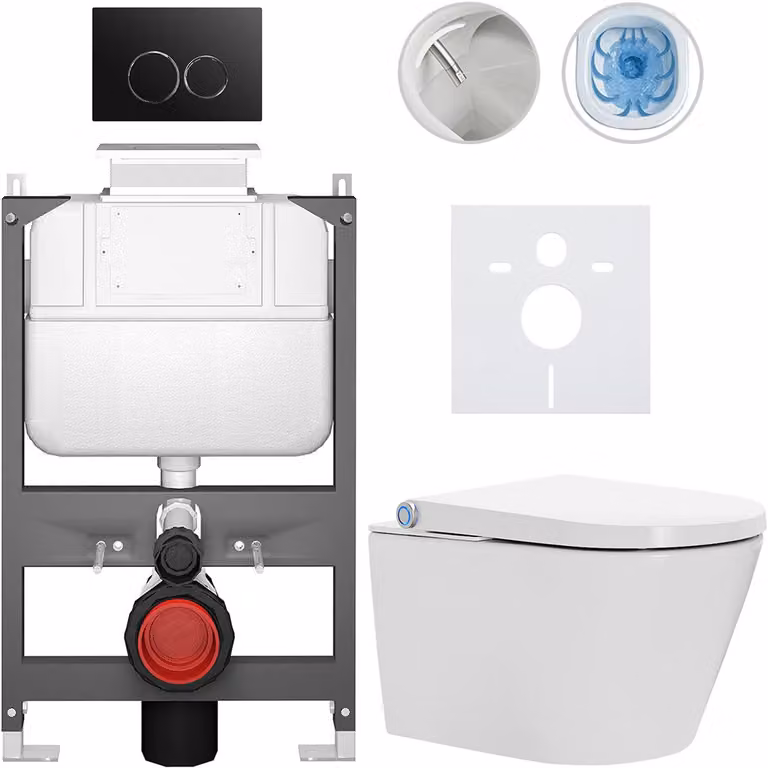 WC sospeso con bidet Cronus Standard - bianco lucido - pulsante Prime/Dualo, nero - azionamento superiore - installazione a parete/con pannello di cartongesso - 59,3x38,4 cm