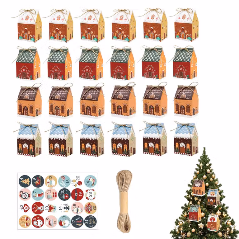 Calendario dell'Avvento da riempire, composto da 24 piccoli contenitori in cartoncino, disponibili in 4 diversi design
