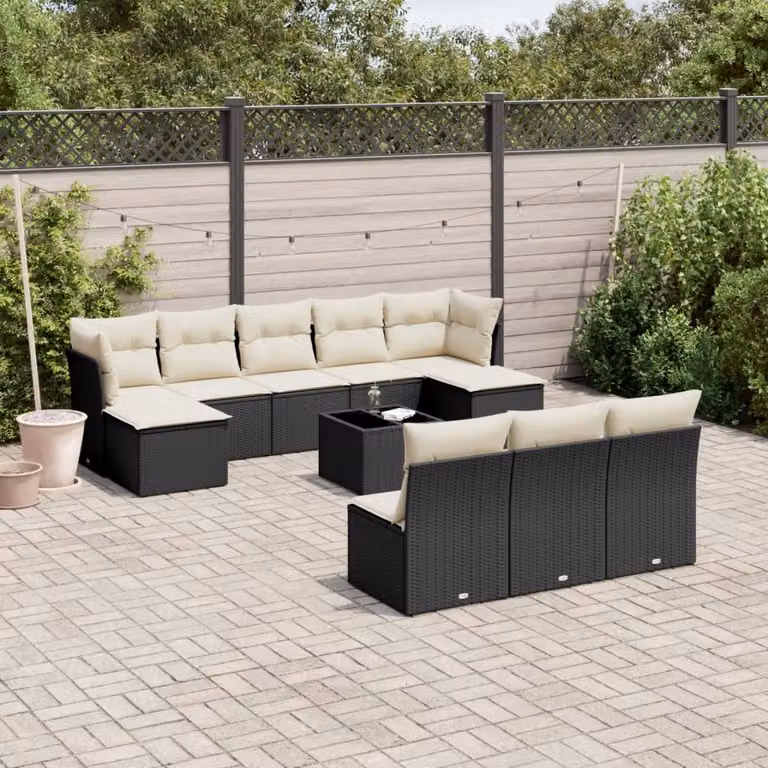 vidaXL Set Divani da Giardino 11 pz con Cuscini, Tavolino e Ottoman, Polyrattan e Acciaio Nero