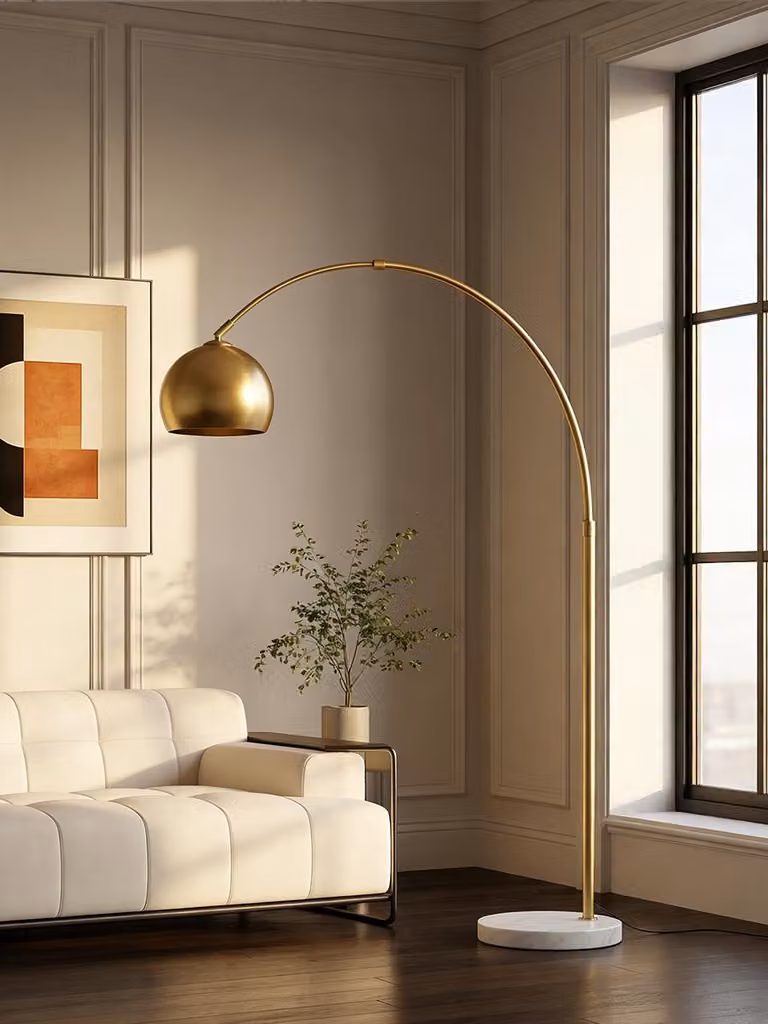 Lampada da terra dorata da salotto, lampada ad arco 175cm dimmerabile con interruttore a pedale e base in marmo, lampada da lettura moderna camera da letto studio