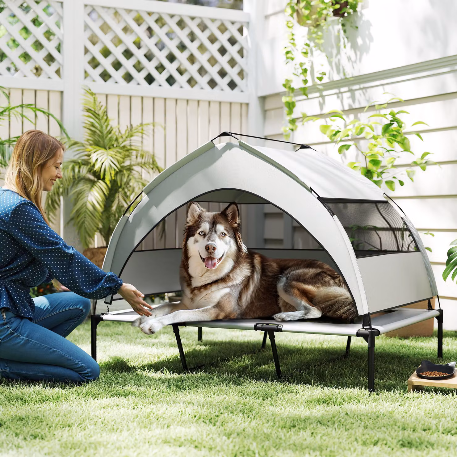 Lettino per cani PawHut con copertura rimovibile a 3 lati in poliestere e metallo, L 122 x P 92 x H 94 cm, Grigio Chiaro e Nero – 2