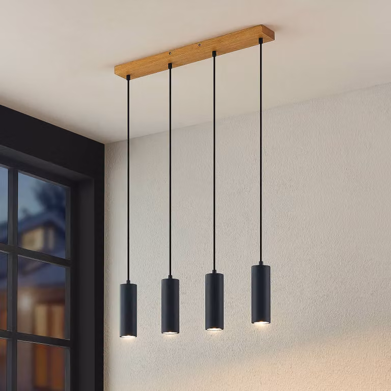 Lampada a sospensione Maniva Lindby, dimmerabile, Legno chiaro, Soggiorno / Sala da pranzo, Metallo, Moderno, Lampada a sospensione