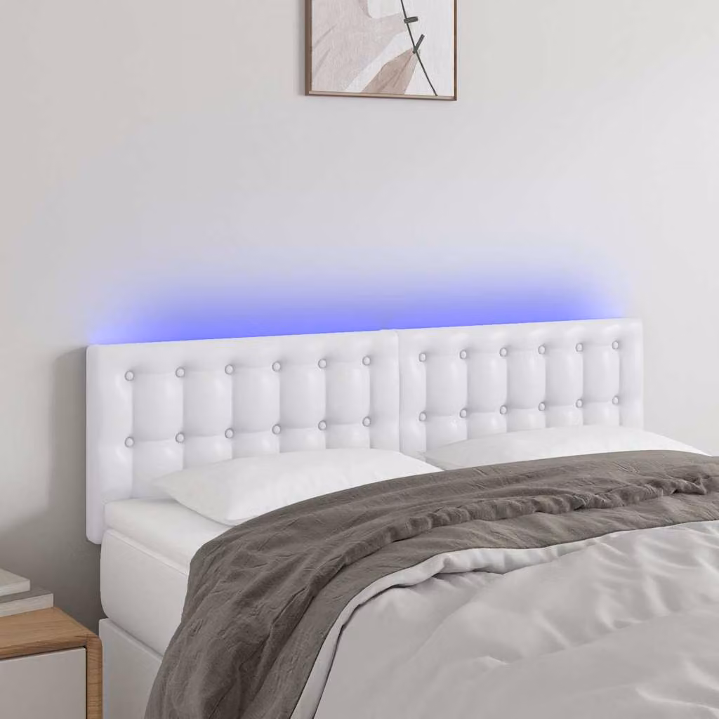 Testiera per letto vidaXL in similpelle bianca con illuminazione LED e porta di ricarica USB, L: 144 cm, P: 5 cm, H: 78-88 cm