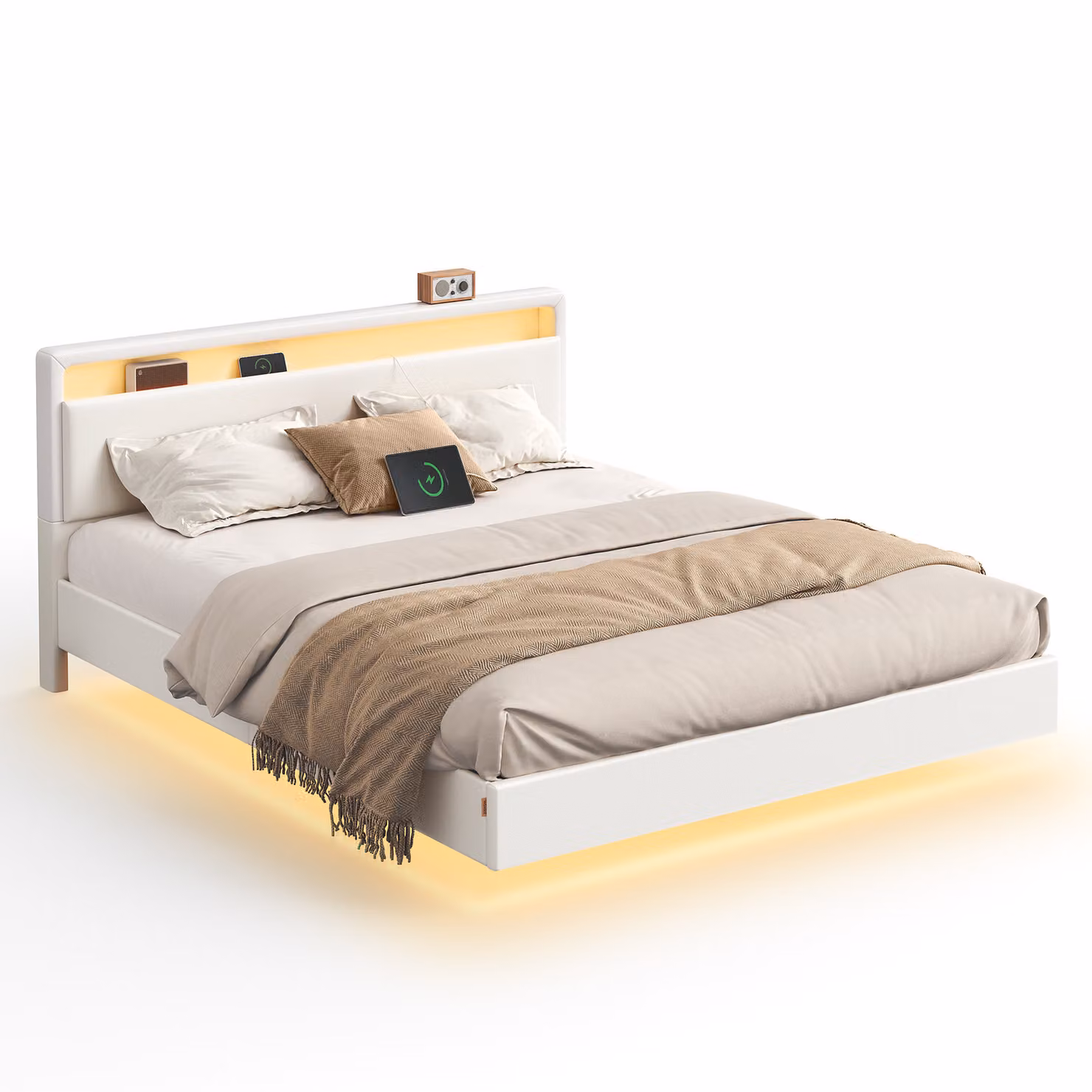 VASAGLE Struttura letto, letto matrimoniale, 160 x 200 cm, effetto sospeso, letto con illuminazione a LED, testiera alta, stazione di ricarica, moderno