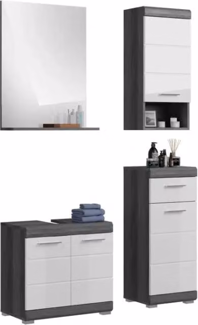Set bagno SCOTT – Mobile sotto lavabo, specchio e 2 mezze colonne – Grigio scuro e bianco