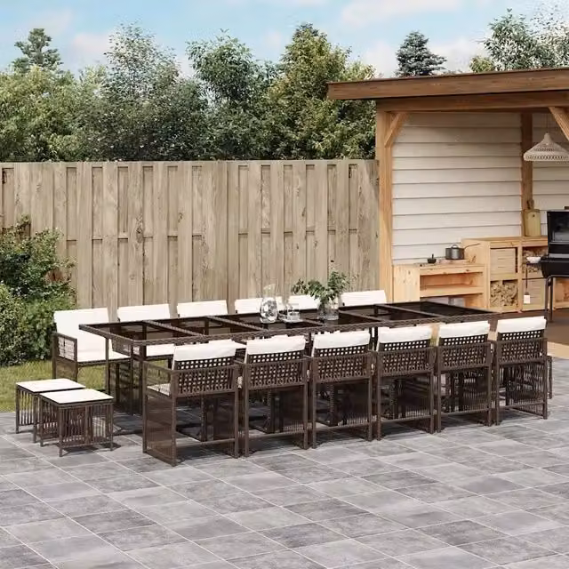 Set da pranzo da giardino vidaXL in polyrattan marrone e bianco con cuscini e tavolo in vetro per 17 persone – 1