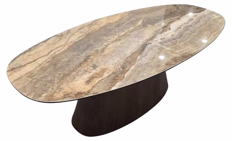 Tavolo da pranzo ovale "Onyx" da 220 cm con piano in Vetroceramica effetto marmo - beige