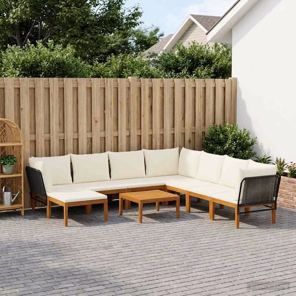 Set da giardino vidaXL in legno di acacia e corda con 9 pezzi, composizione ad angolo con divano, tavolino e pouf, colore naturale