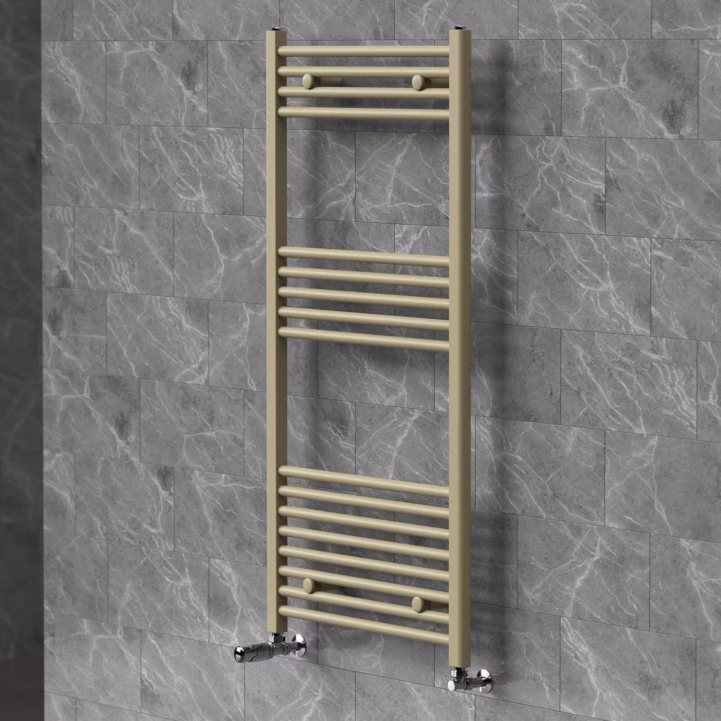 Asciugamani radiante LuxeBath 600x1200 mm, radiatore per bagno con valvola termostatica, asciugamano Sahara a pannello piatto con attacco laterale, portasciugamani, color beige