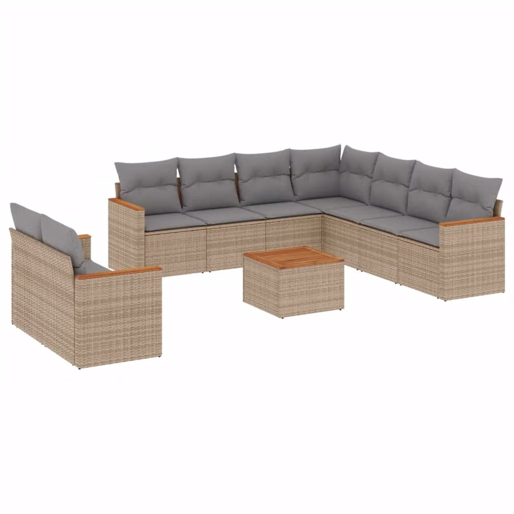 Set Divano da Giardino 10 pz con Cuscini Beige in Polyrattan