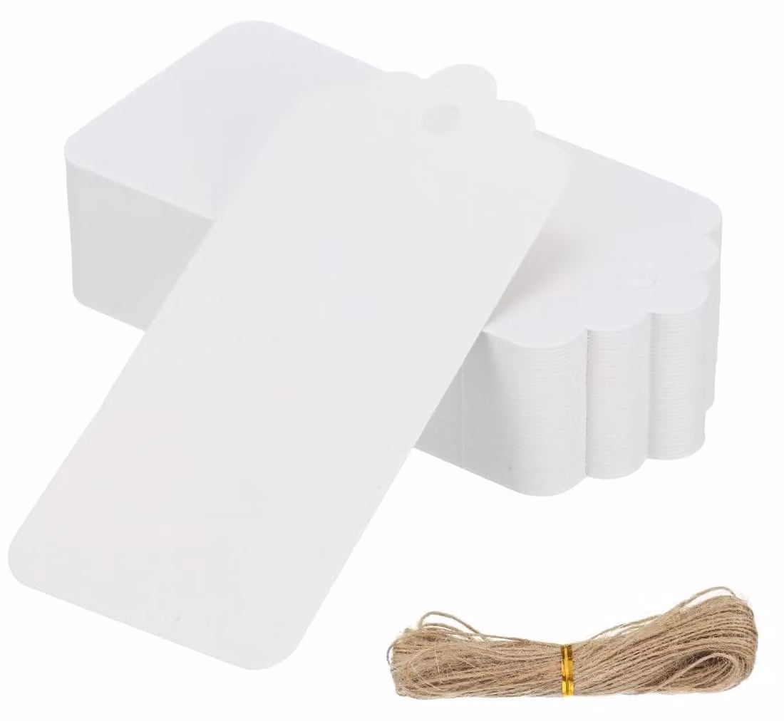 100 etichette regalo in carta kraft con cordoncino di iuta, colore bianco