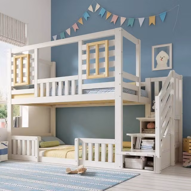 Letto a castello 90x200 cm ¨C Minimal ¨C bianco in pino legno con rete a doghe senza materasso
