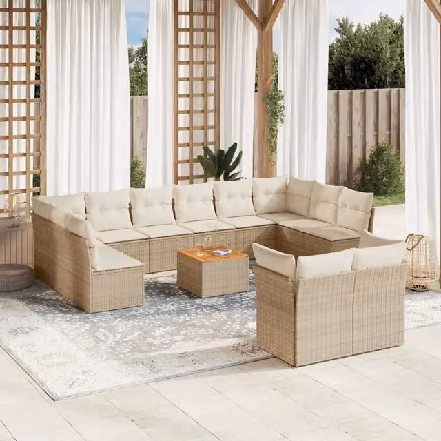 Set Divano da Giardino VIDAXL a Forma a U in Polyrattan con Cuscini Beige, 13 Pezzi