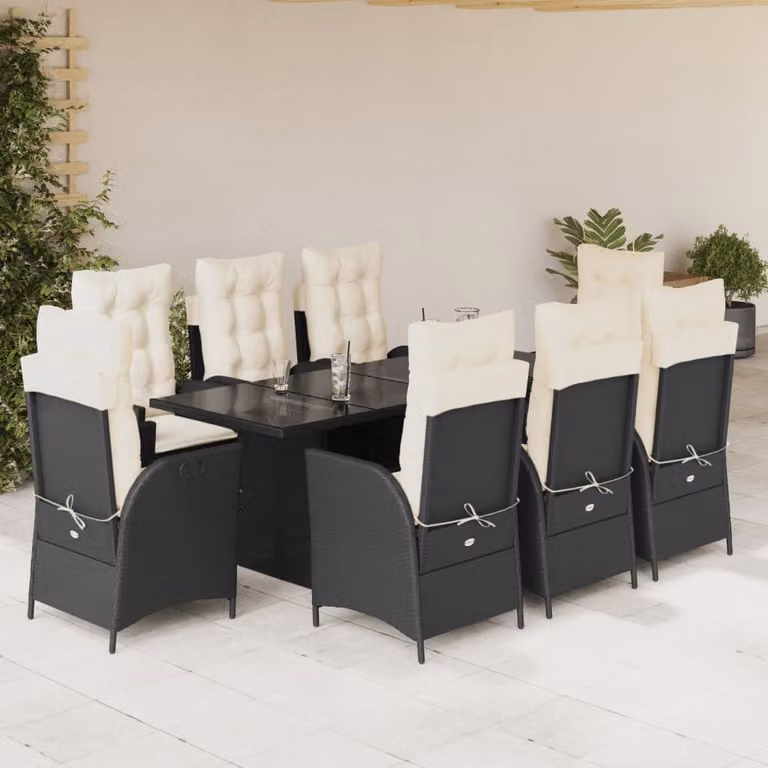 Set da Pranzo da Giardino vidaXL in Polyrattan Nero con Cuscini e Tavolo in Vetro, 9 Pezzi