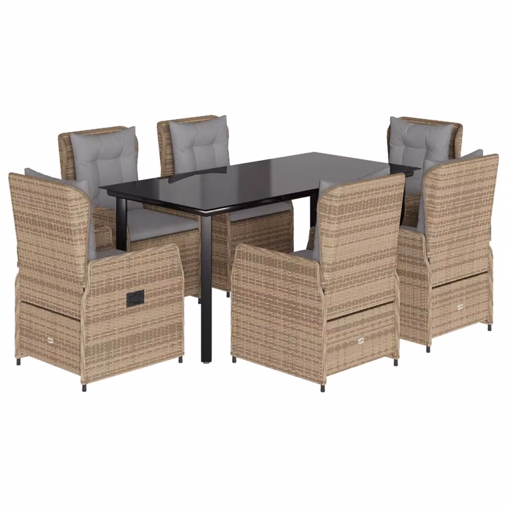 Set da Pranzo da Giardino 7 pz con Cuscini Beige in Polyrattan
