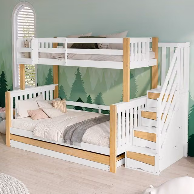 Letto a castello 90x200 cm e 120x200 cm con letto estraibile bianco e colore naturale