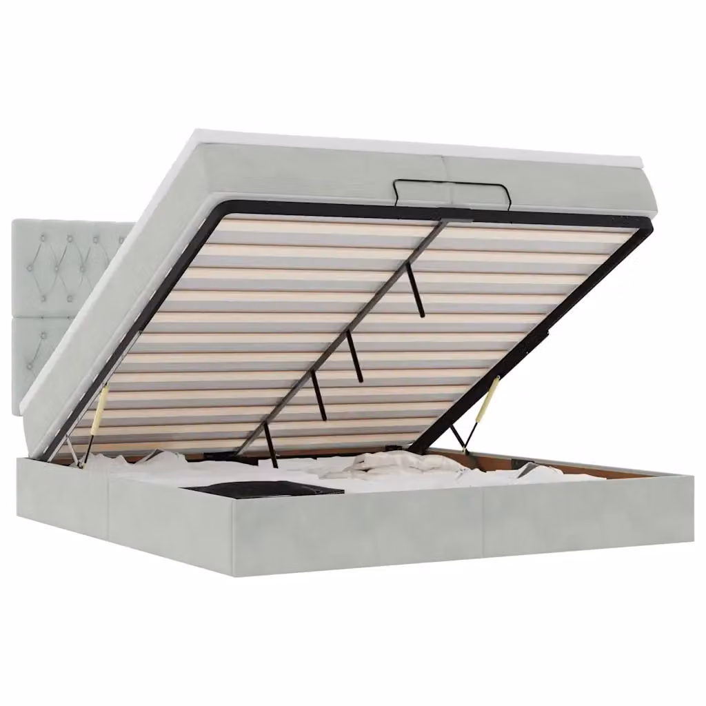 Letto moderno vidaXL in velluto grigio e bianco con base contenitore a sollevamento, illuminazione sottostante e porta di ricarica USB, L/P/H: 200 x 200 x 128 cm – 2